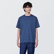 【MUJI 無印良品】男棉混天竺橫紋圓領短袖T恤 S 藍橫紋