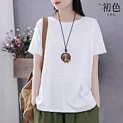 【初色】韓版寬鬆休閒百搭純色圓領短袖T恤上衣-共4色-69370(M-2XL可選) L 白色