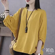 【初色】復古文藝純色透氣寬鬆清涼棉麻圓領五分袖T恤上衣-共6色-69367(M-2XL可選) XL 黃色