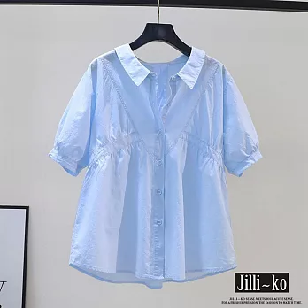 【Jilli~ko】夏季減齡設計感泡泡袖襯衫女 J11718  FREE 藍色