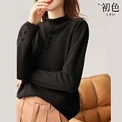 【初色】鏤空半高領輕暖長袖針織毛衣衫上衣-共4色-33111(F可選) F 黑色