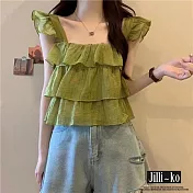 【Jilli~ko】方領設計感蛋糕層減齡小飛袖娃娃衫 J11735 FREE 黃綠色