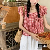 【Jilli~ko】法式方領設計感格子寬鬆短款娃娃衫 J11636 FREE 紅色
