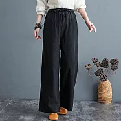 【AnZa】寬鬆棉麻口袋休閒長褲直筒褲(4色)      L 黑色