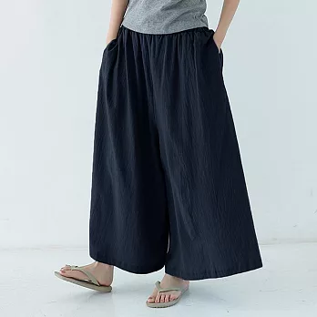 【AnZa】大寬擺棉麻鬆緊腰闊腿褲長褲褲裙(多色)        XL 藏青