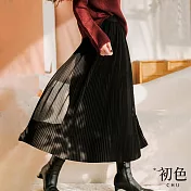 【初色】網紗氣質顯瘦高腰百褶A字半身裙-共3色-33048(M-XL可選) L 黑色