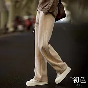 【初色】素色寬鬆顯瘦抽繩鬆緊高腰休閒闊腿褲長褲-共3色-33060(M-2XL可選) M 米色