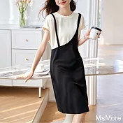 【MsMore】 休閒時髦感連身裙圓領撞色短袖拼接假兩件背帶中長版洋裝# 121323 2XL 黑色