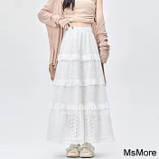 【MsMore】 白色半身裙高腰A字裙蛋糕溫柔風長裙設計感鉤花裙# 121337 L 白色