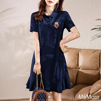 【MsMore】 藏青簡約純色POLO領短袖氣質收腰顯瘦連身裙中長版洋裝# 121363 M 藏青色