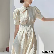 【MsMore】 中式改良白色旗袍年輕款立領收腰顯瘦短袖A字連身裙長版洋裝# 121372 M 白色