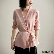 【MsMore】 休閒重磅絲質寬鬆收腰顯瘦設計感長袖西裝式罩衫短版上衣# 121395 M 粉紅色