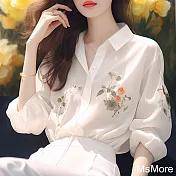 【MsMore】 法式白色印花雪紡襯衫寬鬆氣質長袖上衣別致漂亮防曬衫短版# 121526 M 白色