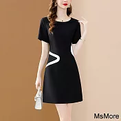 【MsMore】 小香風時尚氣質簡約圓領連身裙短袖小個子顯瘦別致中長版洋裝# 120681 2XL 黑色