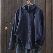 【ACheter】 復古長袖襯衫文藝寬鬆氣質棉紗風琴褶短版上衣# 120717 2XL 藏青色
