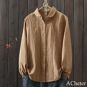 【ACheter】 復古長袖襯衫文藝寬鬆氣質棉紗風琴褶短版上衣# 120717 2XL 咖色