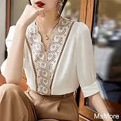 【MsMore】 復古宮廷彈力雙喬緞絲質V領刺繡五分袖短版上衣上衣# 120747 XL 白色