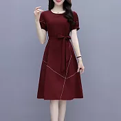 【MsMore】 時尚連身裙短袖收腰顯瘦中長版減齡圓領洋裝# 120753 M 酒紅色