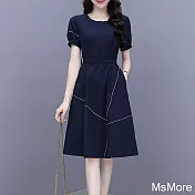 【MsMore】 時尚連身裙短袖收腰顯瘦中長版減齡圓領洋裝# 120753 2XL 藏青色