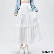 【MsMore】 白色半身裙長款蛋糕高腰顯瘦百搭氣質A字長裙# 121338 L 白色
