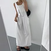 【ACheter】 方領無袖大口袋工裝風寬鬆背心連身裙長洋裝# 121339 FREE 白色