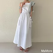 【MsMore】 復古氣質吊帶連身裙設計感大口袋抽繩收腰長裙洋裝# 121341 FREE 白色