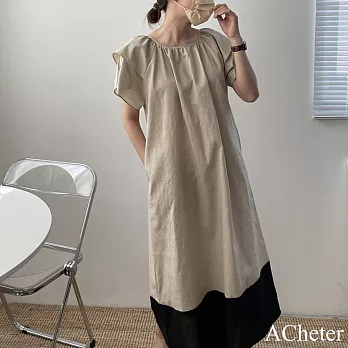 【ACheter】 chic韓版遮肉拼色短袖棉顯瘦寬鬆舒適連身裙長版洋裝# 121347 FREE 杏色