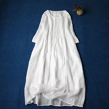 【ACheter】 洋裝文藝森系苧麻感風琴褶長短袖顯瘦洋裝# 121350 M 白色