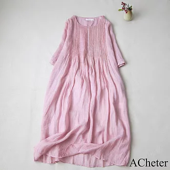 【ACheter】 洋裝文藝森系苧麻感風琴褶長短袖顯瘦洋裝# 121350 M 粉紅色