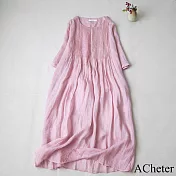 【ACheter】 洋裝文藝森系苧麻感風琴褶長短袖顯瘦洋裝# 121350 XL 粉紅色