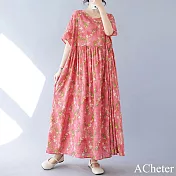 【ACheter】 簡約時尚波西米亞長裙短袖圓領寬鬆印花連身裙長洋裝# 121354 FREE 西瓜紅色