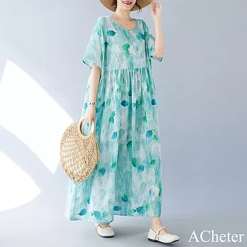 【ACheter】 簡約天藍時尚波西米亞長裙短袖圓領印花連身裙洋裝# 121356 FREE 天空藍色