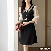 【MsMore】 韓版氣質優雅蕾絲拼接法式翻領長袖連身裙中長版洋裝# 121360 M 黑色