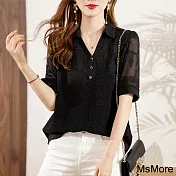 【MsMore】 時尚黑色洋氣寬鬆V領修身蕾絲短袖顯瘦短版上衣# 121364 XL 黑色