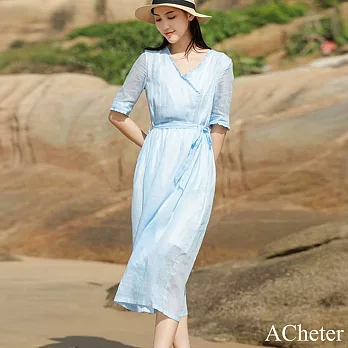 【ACheter】 棉麻感連身裙新中式純藍色海邊度假風木耳邊V領長版洋裝# 121374 M 藍色