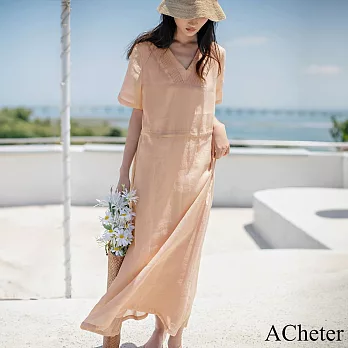 【ACheter】 棉麻連身裙文藝簡約短袖V領柔美氣質抽繩寬鬆顯瘦長版洋裝# 121375 M 橘色