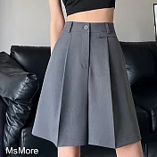 【MsMore】 精緻西裝短褲高腰A字顯瘦寬鬆闊腿五分褲# 121457 XL 灰色