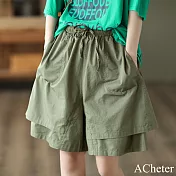 【ACheter】 大碼復古休閒短裙褲鬆緊腰系帶顯瘦闊腿純色五分褲# 121468 XL 軍綠色