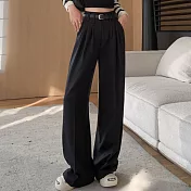 【MsMore】 西裝褲設計感垂感闊腿休閒直筒西裝長褲# 121025 M 黑色