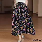 【MsMore】 畫廊女孩油畫風碎花半身裙長款A字高腰裙# 121060 L 黑色
