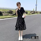 【Jilli~ko】黑色波點喇叭袖修身顯瘦雪紡連衣裙 L-XL J11759 L 黑色