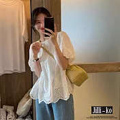 【Jilli~ko】日系蕾絲鏤空設計感花邊短袖上衣 J11763 FREE 白色