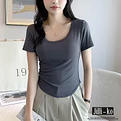 【Jilli~ko】中大尺碼春夏短袖薄款U領彈性百搭簡約短版T恤 M-XXL J11785  L 深灰色
