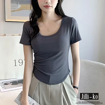 【Jilli~ko】中大尺碼春夏短袖薄款U領彈性百搭簡約短版T恤 M-XXL J11785  2XL 深灰色
