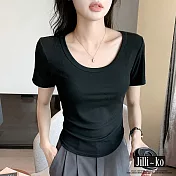 【Jilli~ko】中大尺碼春夏短袖薄款U領彈性百搭簡約短版T恤 M-XXL J11785  2XL 黑色