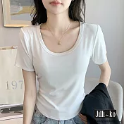 【Jilli~ko】中大尺碼春夏短袖薄款U領彈性百搭簡約短版T恤 M-XXL J11785  L 白色