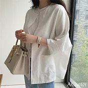 【ACheter】 新款韓版大碼寬鬆冰絲棉麻感圓領七分袖短版外套# 121235 L 白色