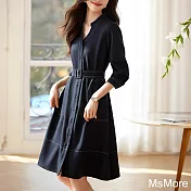 【MsMore】 簡約時尚通勤連身裙設計感氣質長袖中長版洋裝# 121248 2XL 藏青色