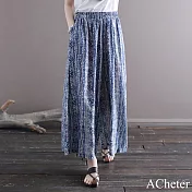 【ACheter】 棉麻感闊腿藍色碎花民族風寬鬆蠟染鬆緊腰裙褲夏季薄款直筒長寬褲# 121377 L 藍色