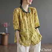【ACheter】 韓版單排扣大碼上衣印花復古時尚棉麻感寬鬆型襯衫# 121381 L 黃色